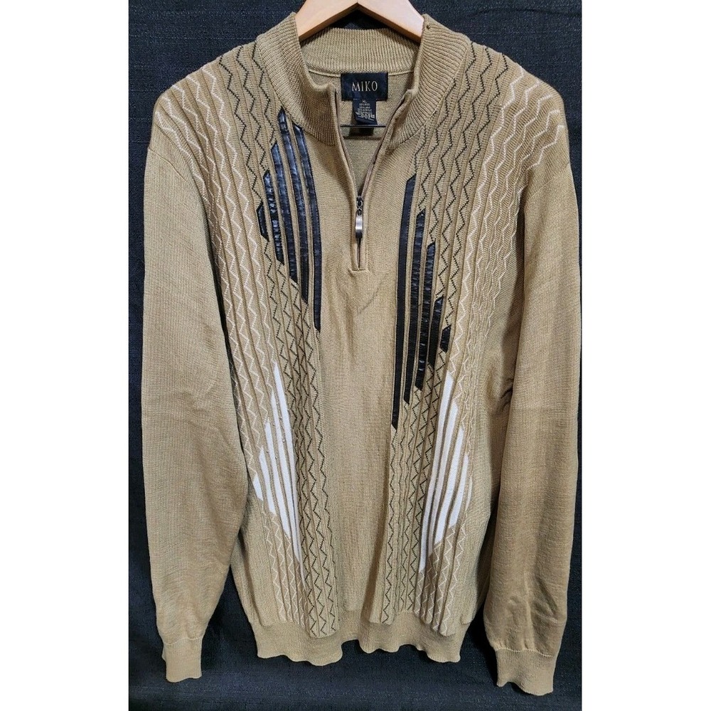 Miko 1/4 Zip Pullover Knit Sweater Men's XL Long Sleeve Brown Tan Wool‎ Top EUC